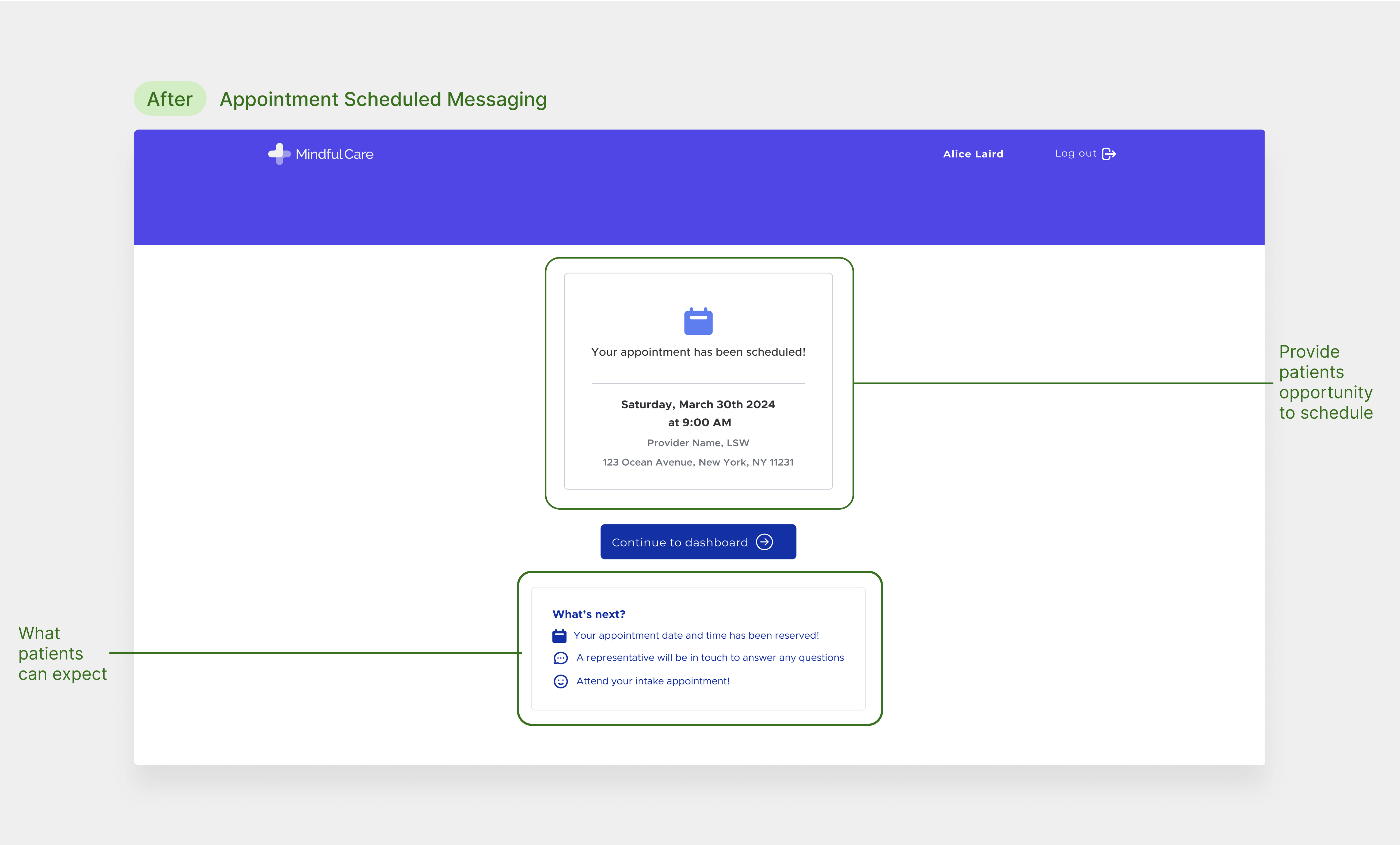 Mindful Care appointment reserved screen